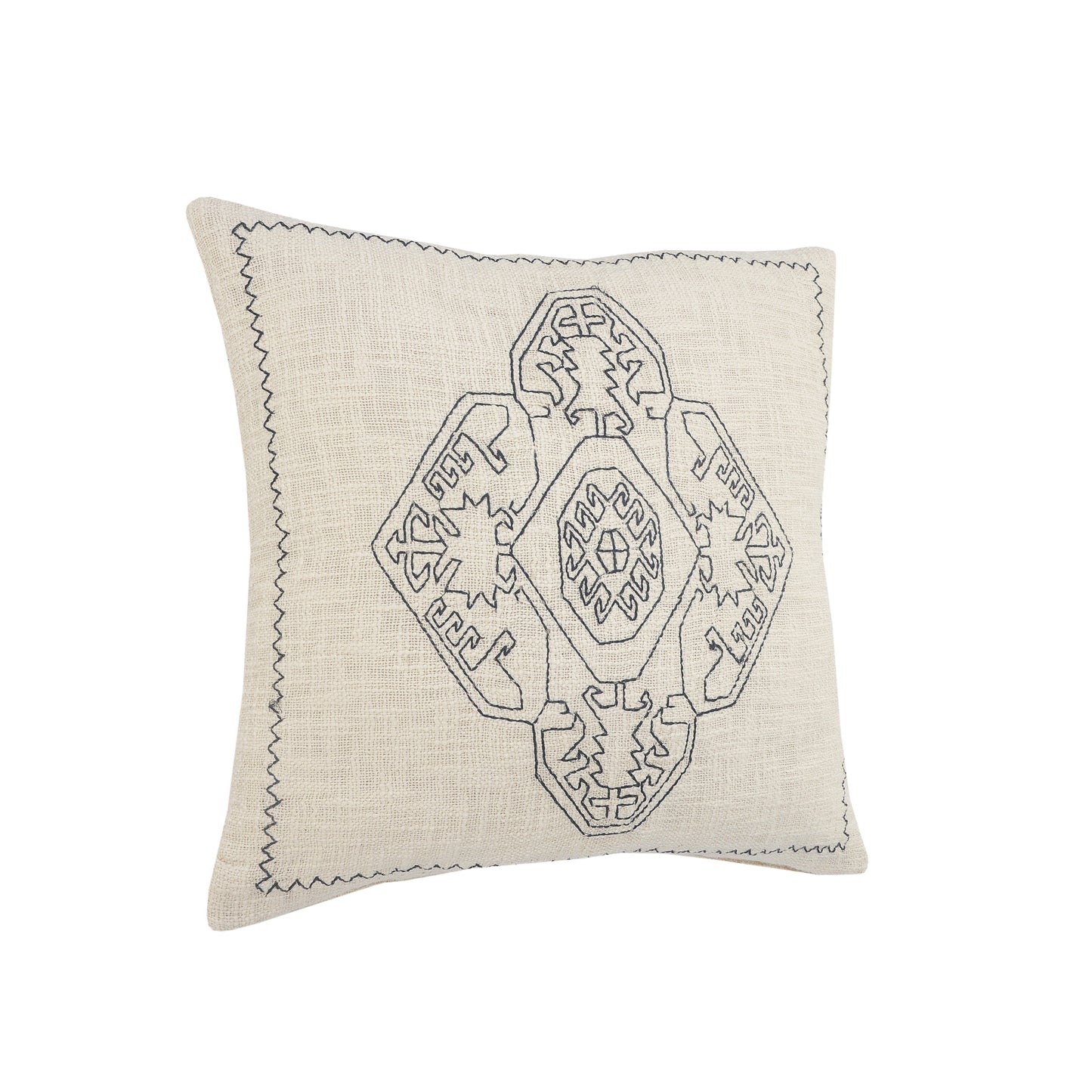 20" White And Blue Medallion Cotton Throw Pillow Cover