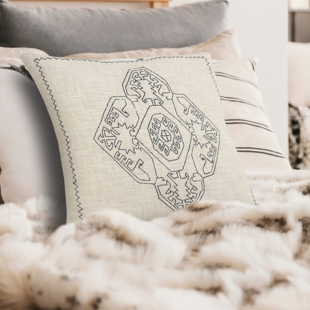 20" White And Blue Medallion Cotton Throw Pillow Cover