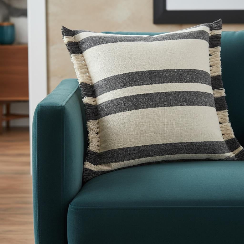 20" Gray And White Striped Cotton Throw Pillow Cover