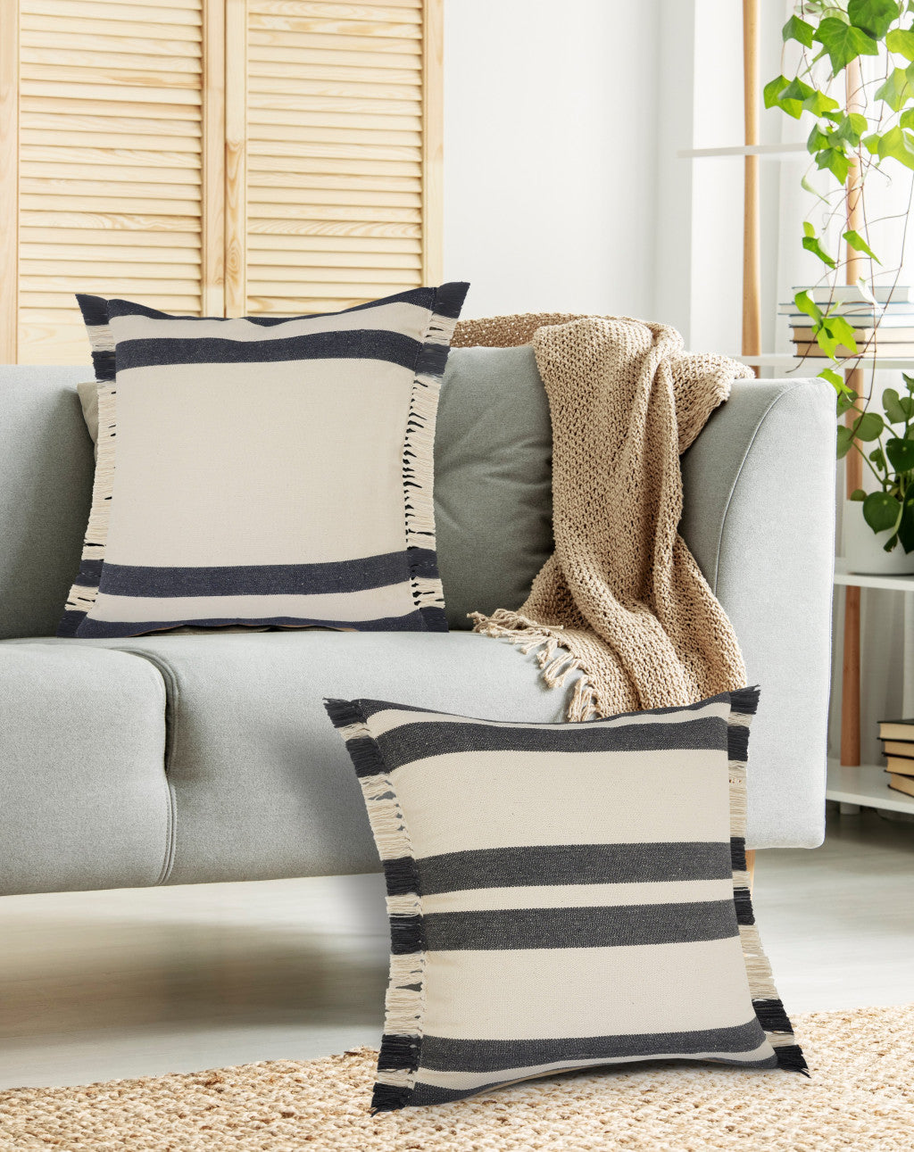 20" Gray And White Striped Cotton Throw Pillow Cover