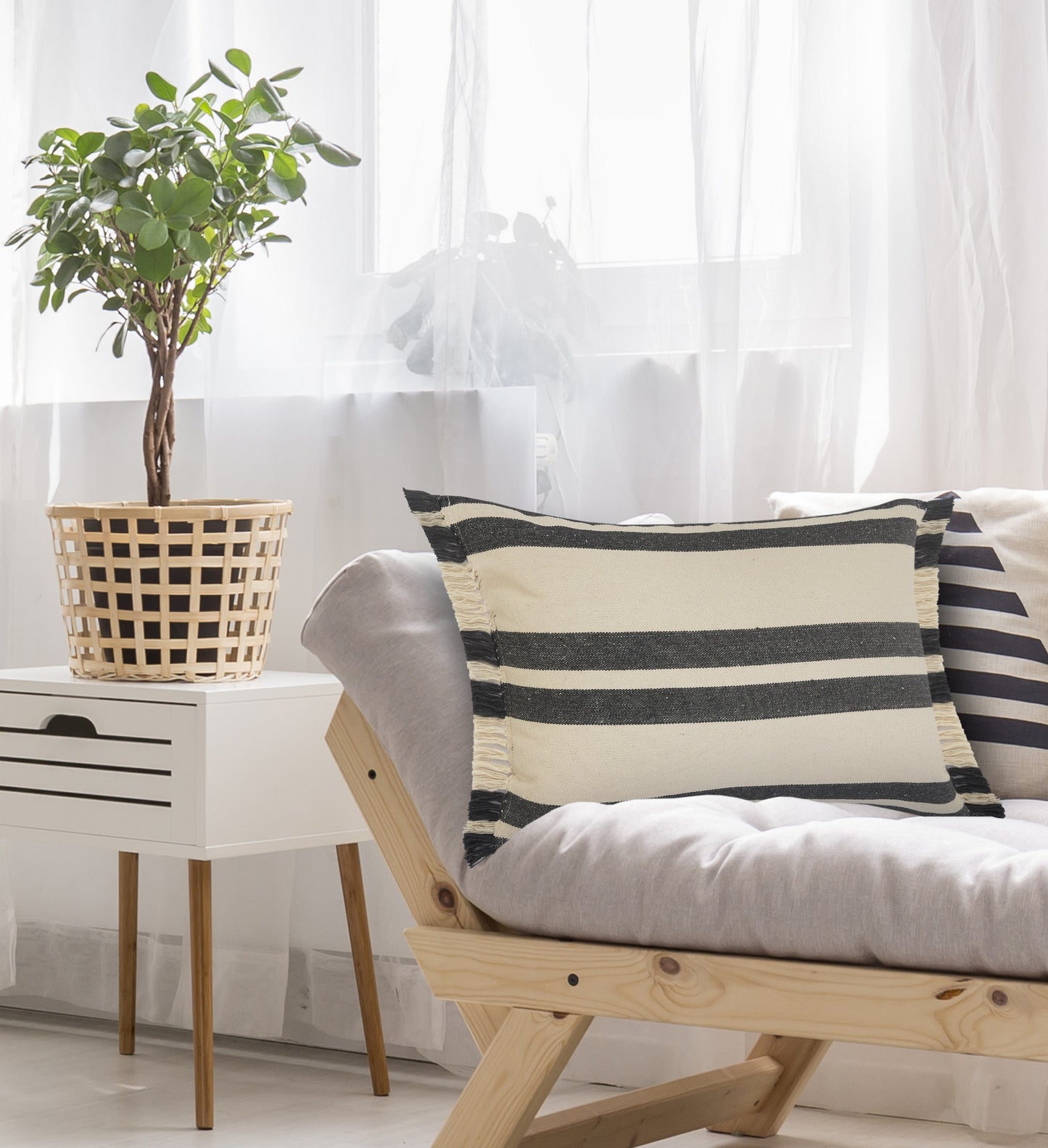 16" X 24" Gray And White Lumbar Striped Cotton Throw Pillow Cover