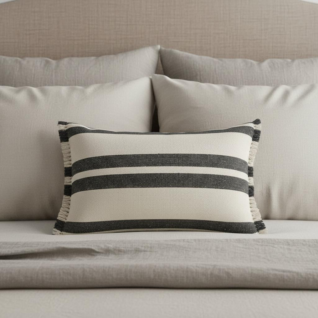 16" X 24" Gray And White Lumbar Striped Cotton Throw Pillow Cover