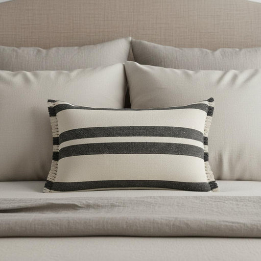 16" X 24" Gray And White Lumbar Striped Cotton Throw Pillow Cover