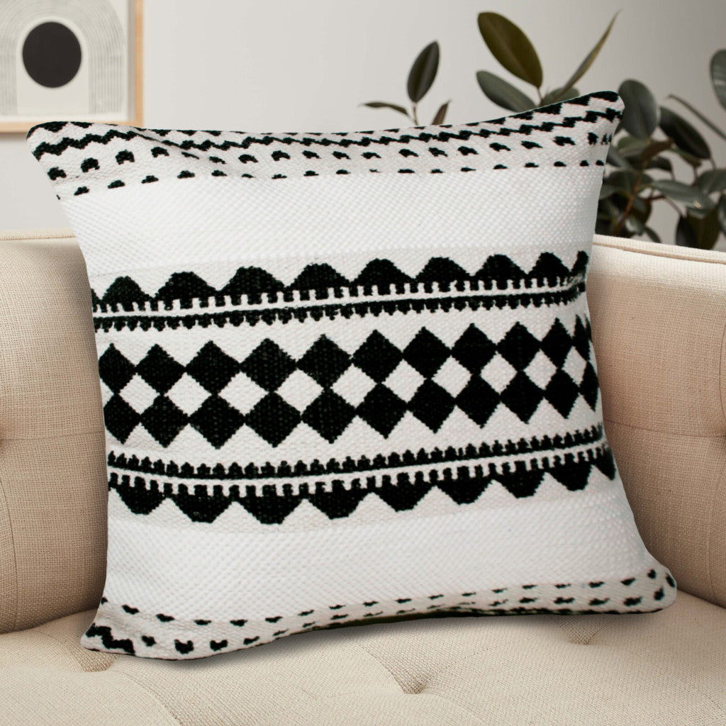 20" Black And Ivory Geometric Cotton Blend Throw Pillow Cover