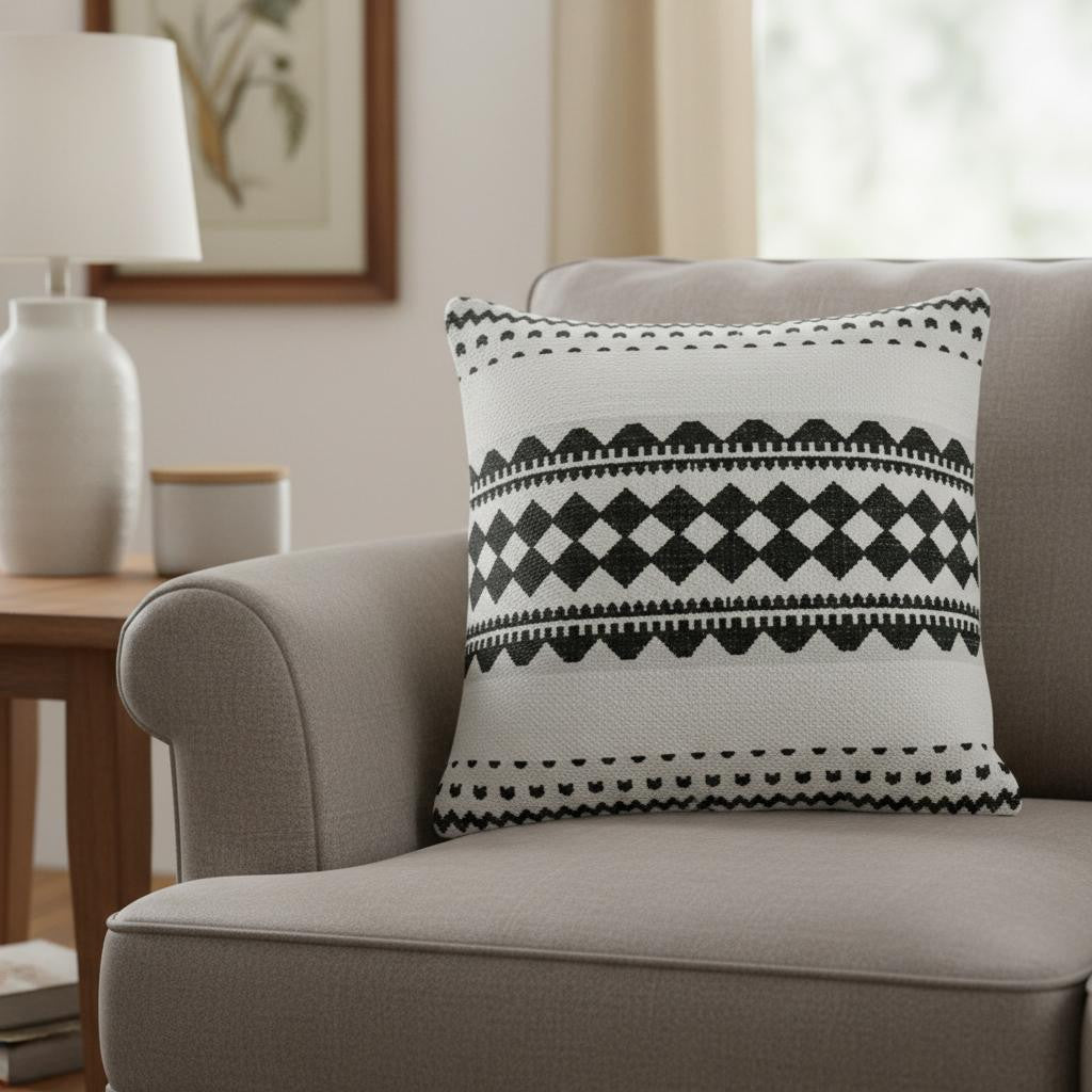 20" Black And Ivory Geometric Cotton Blend Throw Pillow Cover