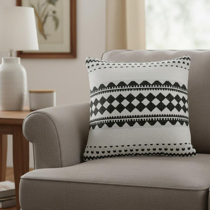 20" Black And Ivory Geometric Cotton Blend Throw Pillow Cover