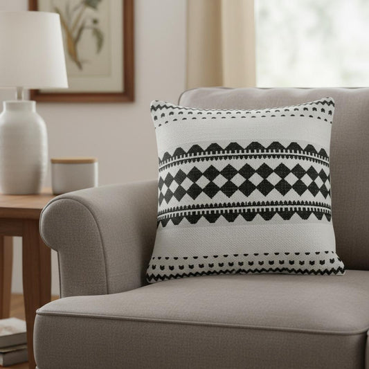 20" Black And Ivory Geometric Cotton Blend Throw Pillow Cover
