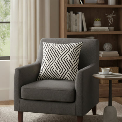 20" Black And White Geometric Recycled Poly Linen Throw Pillow Cover