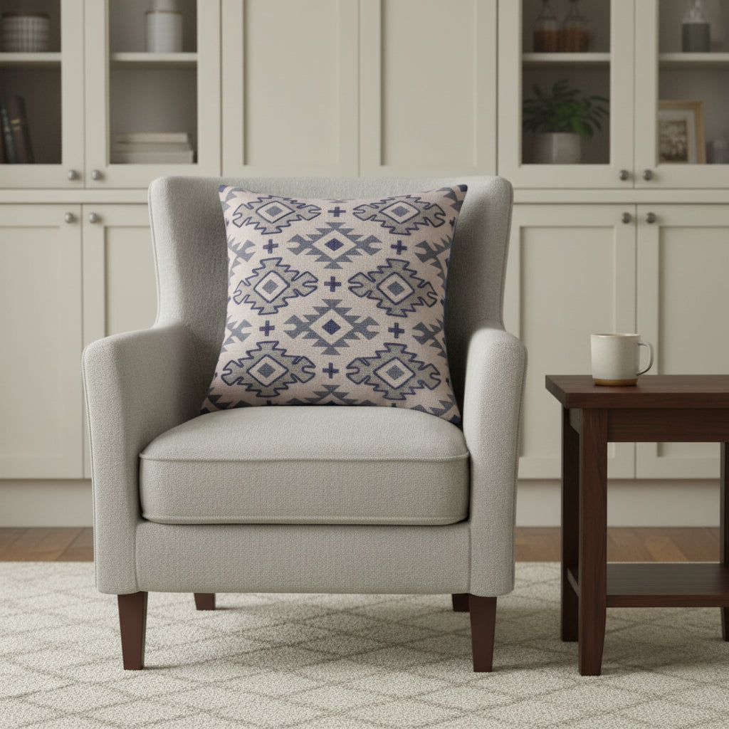20" Blue And Gray Geometric Cotton Throw Pillow Cover