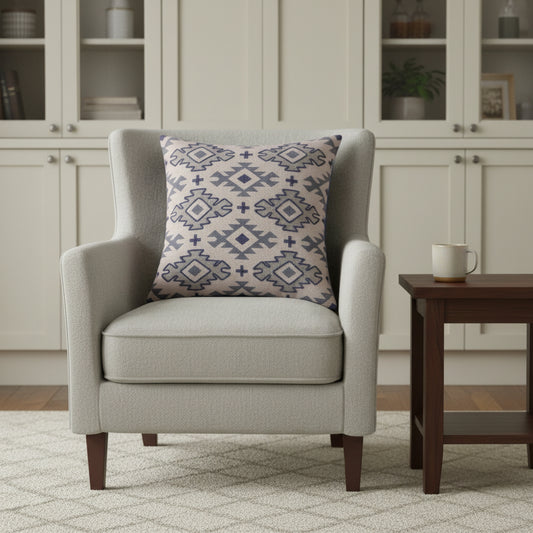 20" Blue And Gray Geometric Cotton Throw Pillow Cover