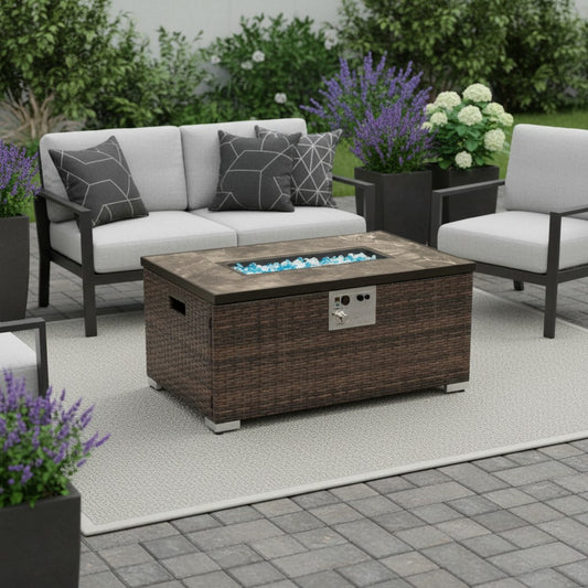 50000 BTU 32" Brown Rattan Propane Rectangular Fire Pit Table With Cover