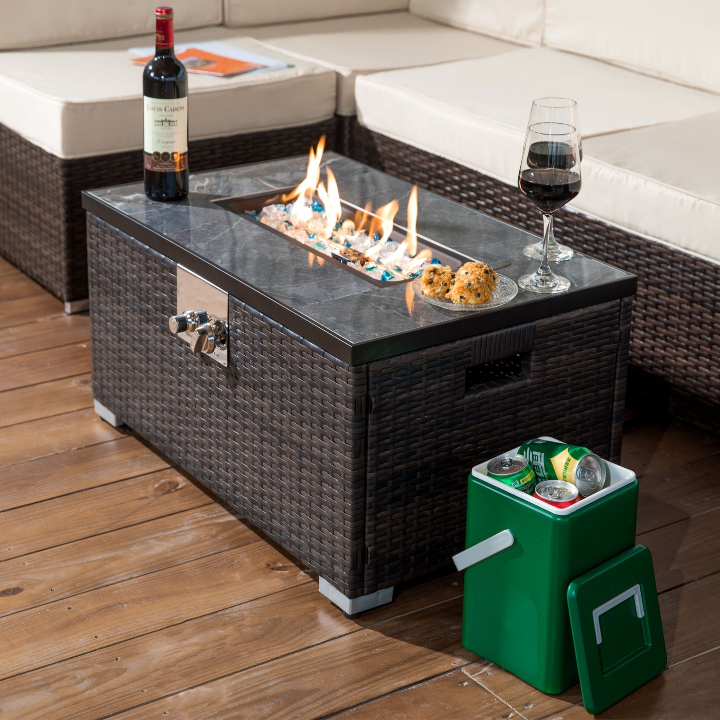 50000 BTU 32" Brown Rattan Propane Rectangular Fire Pit Table With Cover
