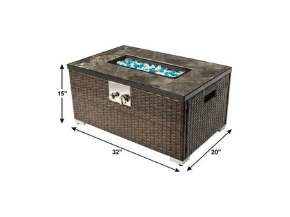 50000 BTU 32" Brown Rattan Propane Rectangular Fire Pit Table With Cover