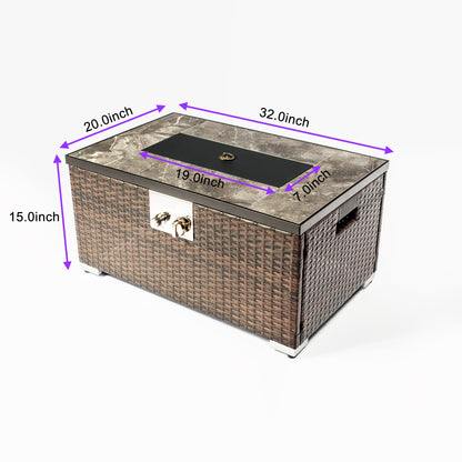 50000 BTU 32" Brown Rattan Propane Rectangular Fire Pit Table With Cover