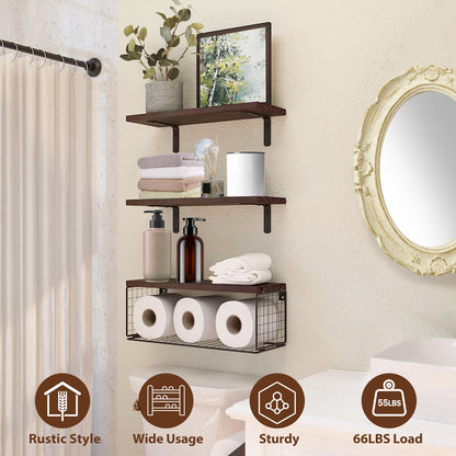 Rustic 3-Tier Floating Wall Shelves with Storage Basket