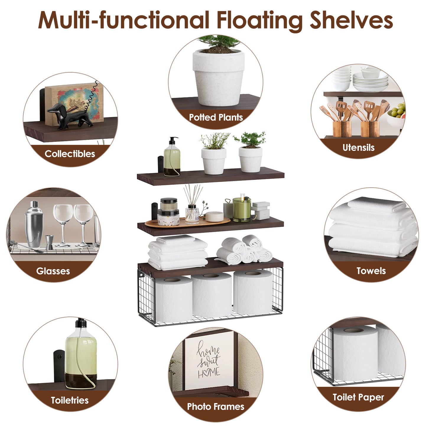 Rustic 3-Tier Floating Wall Shelves with Storage Basket