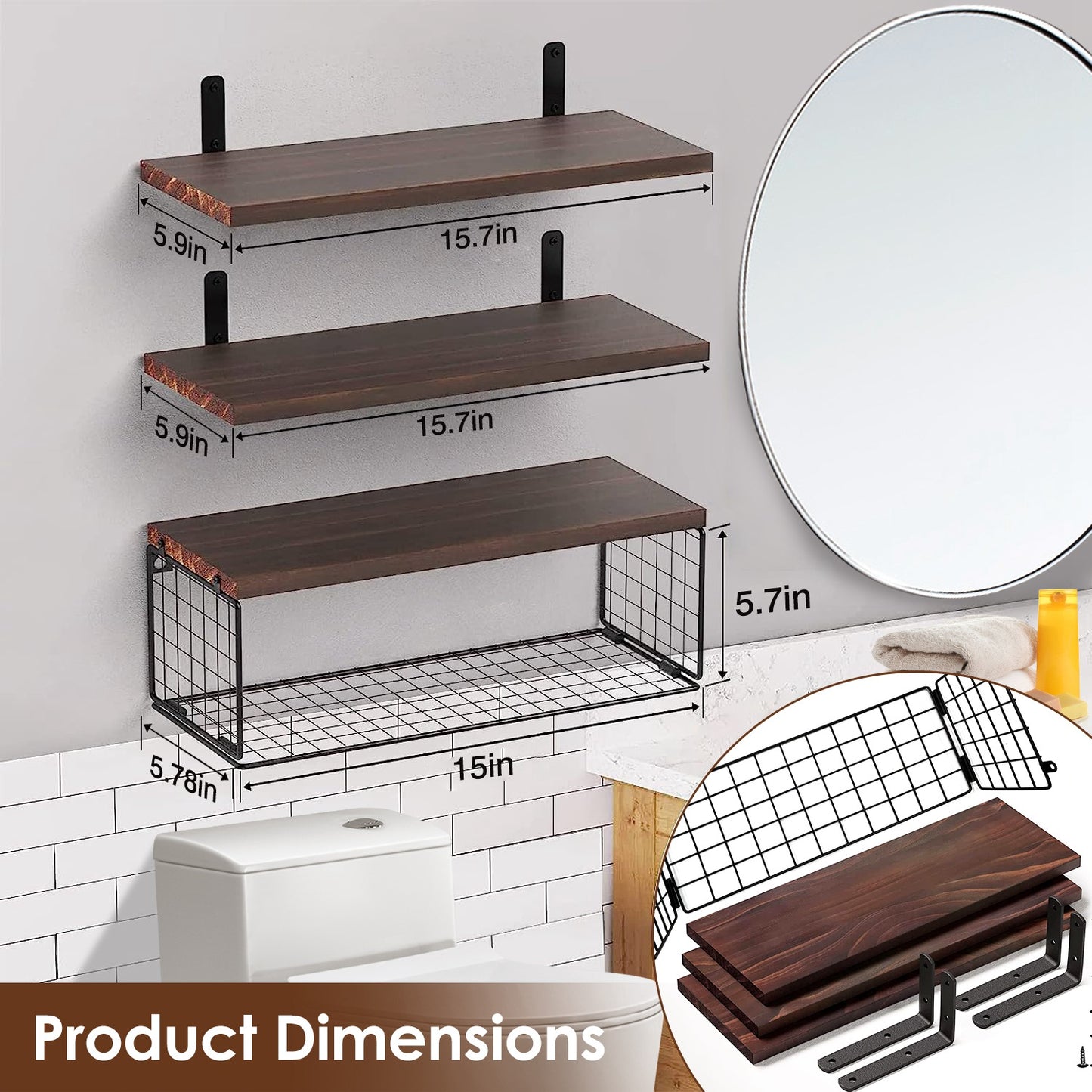Rustic 3-Tier Floating Wall Shelves with Storage Basket