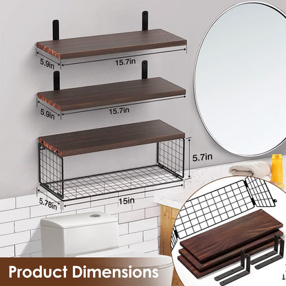 Rustic 3-Tier Floating Wall Shelves with Storage Basket