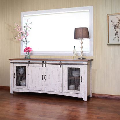 79" White Solid Wood Cabinet Enclosed Storage Distressed TV Stand