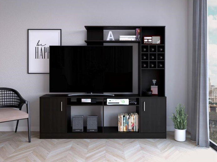 78" Black Wood Open shelving Entertainment Center