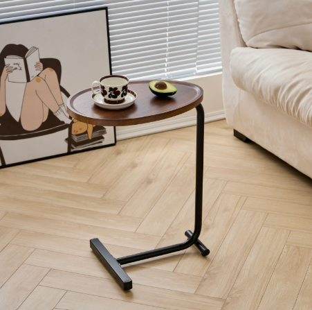 Set of Two Brown and Black Wood and Metal Oval End Tables