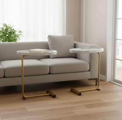 24" White and Gold Faux Marble and Metal Oval End Table