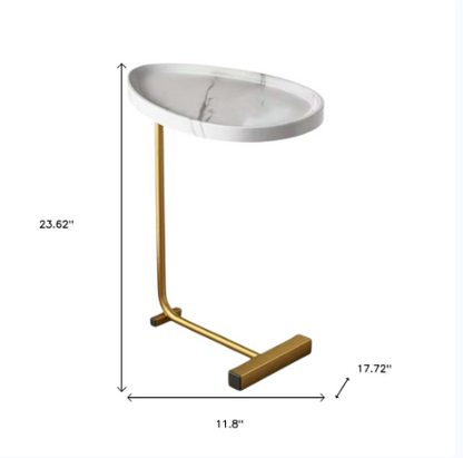 24" White and Gold Faux Marble and Metal Oval End Table