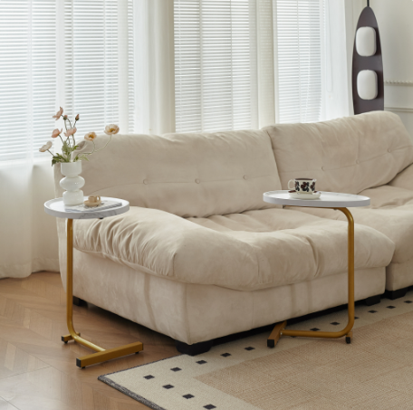 24" White and Gold Faux Marble and Metal Oval End Table