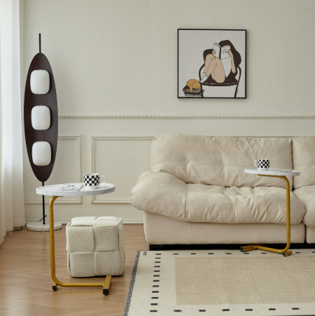 24" White and Gold Faux Marble and Metal Oval End Table
