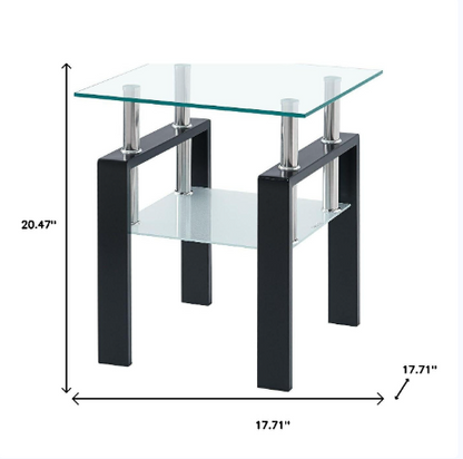 Clear and Black Glass and Metal Square End Tables With Shelf