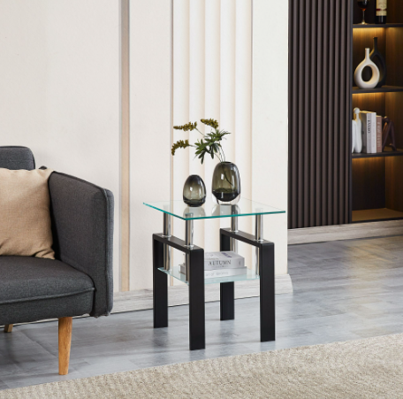 Clear and Black Glass and Metal Square End Tables With Shelf