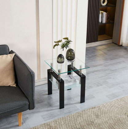 Clear and Black Glass and Metal Square End Tables With Shelf