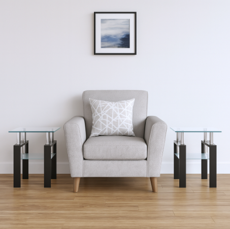 Clear and Black Glass and Metal Square End Tables With Shelf