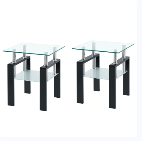 Clear and Black Glass and Metal Square End Tables With Shelf