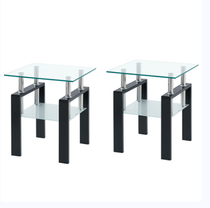 Clear and Black Glass and Metal Square End Tables With Shelf
