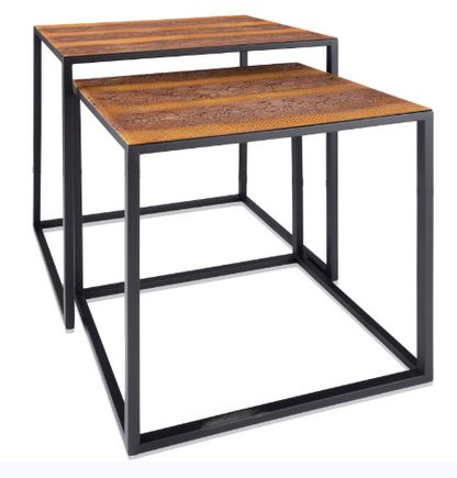 Set of Two Brown and Black Metal And Faux Snake Leather Nesting End Tables