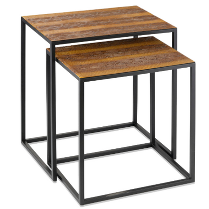Set of Two Brown and Black Metal And Faux Snake Leather Nesting End Tables