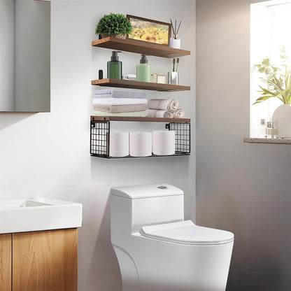 Rustic 3-Tier Floating Wall Shelves with Storage Basket