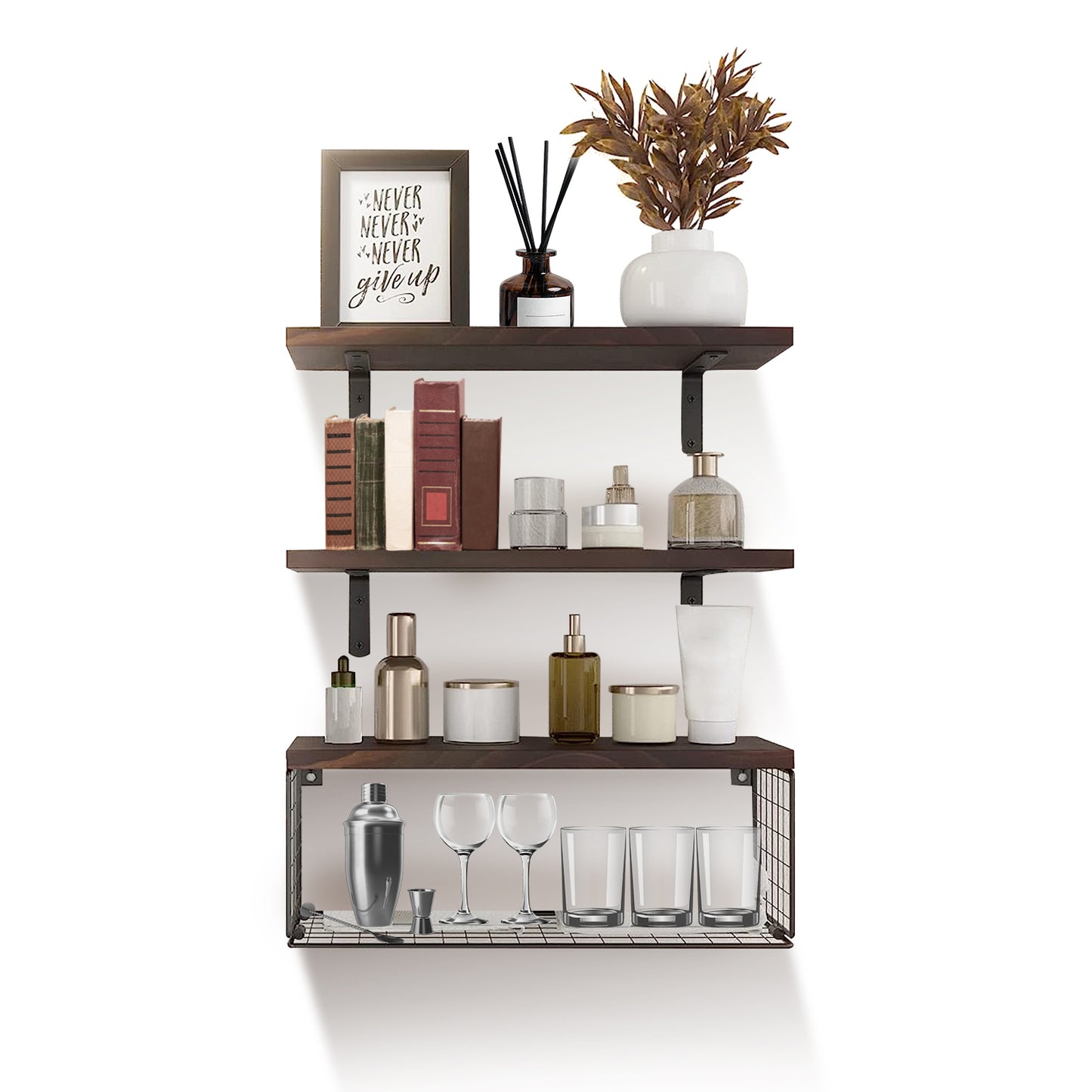 Rustic 3-Tier Floating Wall Shelves with Storage Basket