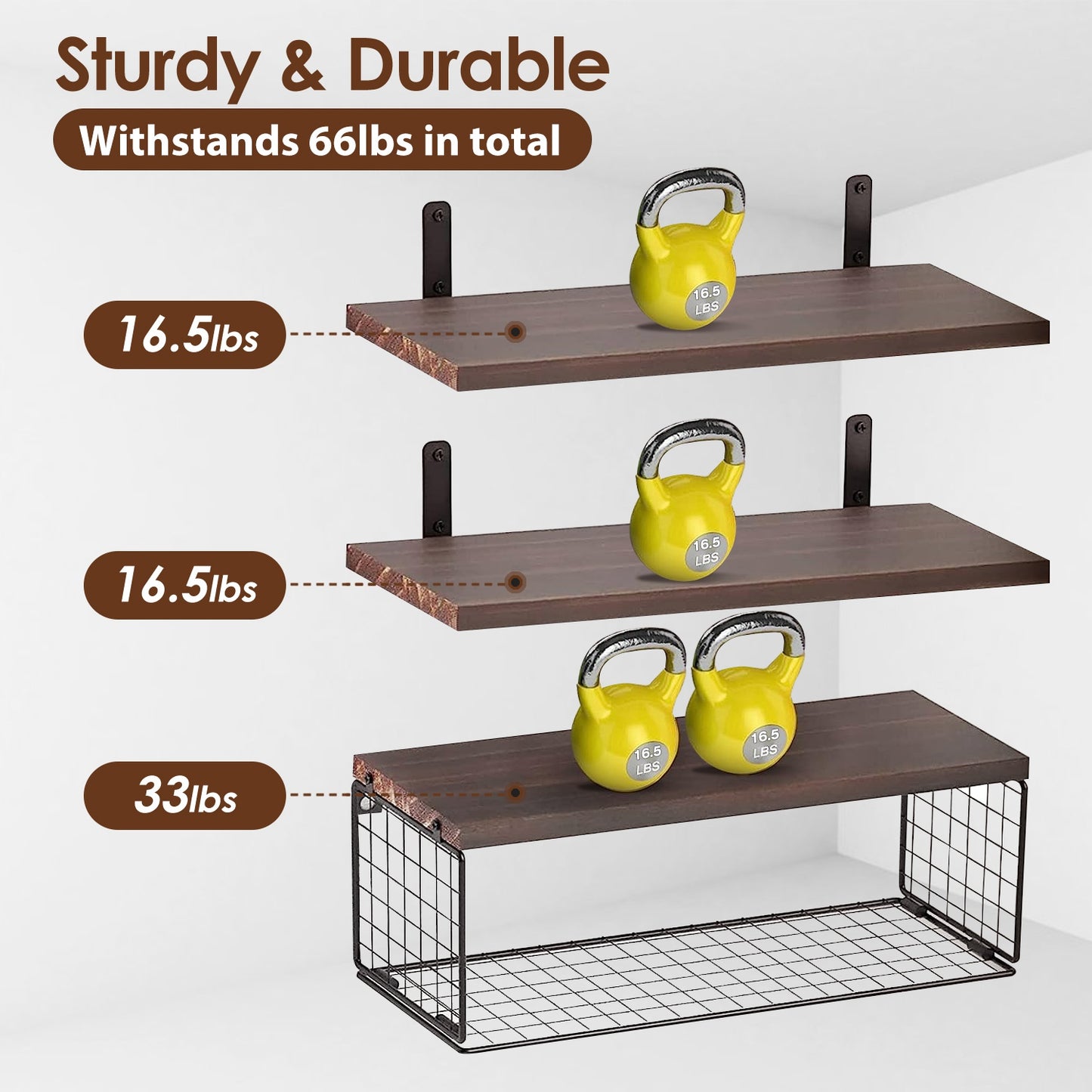 Rustic 3-Tier Floating Wall Shelves with Storage Basket