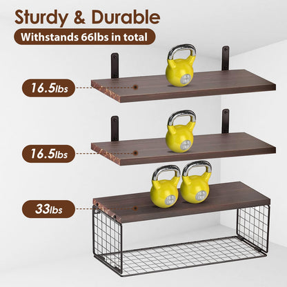 Rustic 3-Tier Floating Wall Shelves with Storage Basket